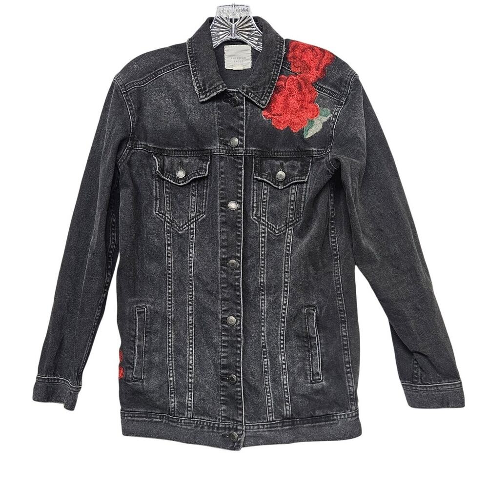 American Eagle XS Black Jean Red Rose Floral Jacket Distressed Vintage Look